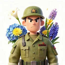 handmade character portrait of an angry american soldier man, explosion of flowers, amaratyllis, hydrangea, chrysanthemum and hyacinth, in the style of artgerm and enki bilal and bastien lecouffe - deharme, wlop, line art, watercolor, cinematic lighting, hyperdetailed, hyperrealistic