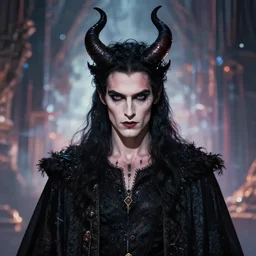 mystifying portrait of Satan as a very handsome man, vertical-desync background, prodigious, magical