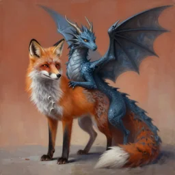 painting of hybrid between fox & dragon, intercrossed animal, mixture animal, by tiffany bozic, by zdzislaw beksinski, cold hue's, warm tone gradient background, concept art, beautiful composition, digital painting