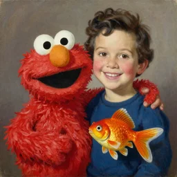 by Remedios Varos, a portrait of Elmo from Sesame Street and his goldfish Dorothy, oil painting, traditional.