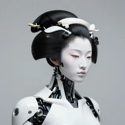 fine art portrait head shot minimal geisha cyborg mech by ilm and bill sienkiewicz and emmanuel shiu, zaha hadid, perfect simplified neo - futuristic tactical, posed feminine, studio, mamiya 6 5 mm photograph, iso 4 0 0, f / 5. 6, hyperrealism, studio lighting, high detail, sharp focus, trending artstation, cgsociety