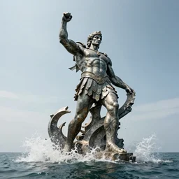 a giant abstract sculpture of a legendary greek warrior god on the water, in the style of chad knight, award winning, cinematic, hyper - realistic, very detailed, realistic water splashes, ray tracing, 8 k resolution, long - shot, sharp focus, low angle, 8 5 mm photograph, wide lens