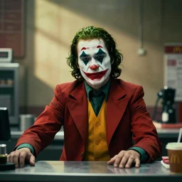 joker 1 9 8 9 working in mcdonalds behind counter, facepaint coming off, movie still, dslr