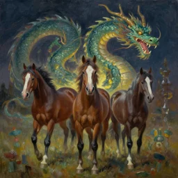 oil painting horses mixed with dragon at night backlit