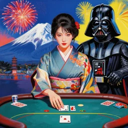 hyperrealistic composition of the detailed woman in a japanese kimono sitting at a extremely detailed poker table with hyperdetailed darth vader, fireworks, mountain fuji on the background, pop - art style, jacky tsai style, andy warhol style, acrylic on canvas