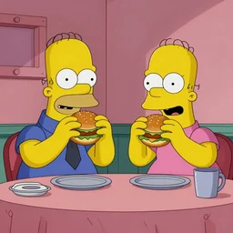 still frame from The Simpsons, Superintendent Chalmers and Principal Skinner sitting at a table eating hamburgers