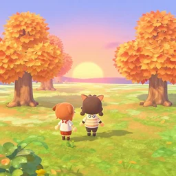 Peaceful landscape painting in the style of Animal Crossing, sunset in fall