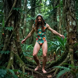 young Frank Zappa as a forest druid wearing a floral leotard frolicking in the hooded forest of verdant turmeric roots, masculine, HSV