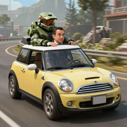 mr bean drives a mini-cooper warthog with masterchief on the turret, 8k, unreal engine render, halo
