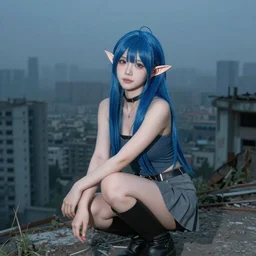 breathtaking photo of an attractive young asian elf woman with pointy ears and blue hair, wearing a miniskirt and knee-high boots, crouching in an endlessly sprawling hazy abandoned city at night, realistic eyes, symmetry features proportions, intricate facial details, 8K