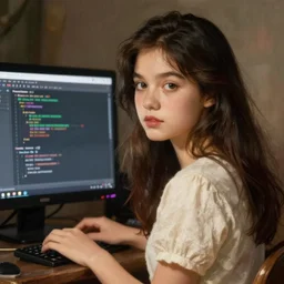 an e - girl programming c # in the style of a norman rockwell painting