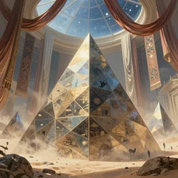 polygonal pyramids of a lush desert with walls and glass ceilings showing the stars and hanging silk drapery and tapestries, light dust, magnificent, close up, details, sharp focus, elegant, highly detailed, illustration, by Jordan Grimmer and greg rutkowski and PiNe(パイネ) and 薯子Imoko and 香川悠作 and wlop and maya takamura, intricate, beautiful, Trending artstation, pixiv, digital Art