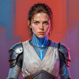 greg manchess portrait painting of partially armored rey skywalker, by anton fadeev, by rhads, 4 k, cyber punk style, glowing blue veins, greg rutkowski, very coherent symmetrical artwork, cinematic, hyper realism, high detail, octane render, unreal engine, 8 k, vibrant colors, smooth gradients