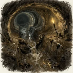 intersection of sewer tunnels. fantasy art, underground, wet, canal, muck, mud, running water, stream, musty, sewage, darkness, underground, catacombs, abandoned spaces, torchlight. sketch art earthdawn campaign setting. myth drannor. parlainth. by fred fields.