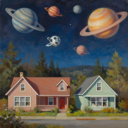a cozy pnw neighborhood. planets in the sky, vintage shapes, retro technology, happy colors. rob gonsalves, oil on canvas, deep depth field, masterpiece, cinematic composition, hyperdetailed