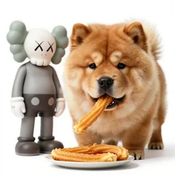 a chow chow eating churros, super detailed, by kaws, scene