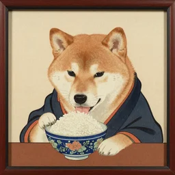 a shiba inu samurai eating a bowl of rice, artwork on loan from the historical dog society of japan, by Utagawa Kuniyoshi