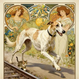 art deco railway poster white brown greyhound chasing a tabby cat, natural lighting, path traced, highly detailed, high quality, digital painting, by don bluth and ross tran and studio ghibli and alphonse mucha, artgerm