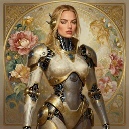 portrait of margot robbie, robot steampunk, floral! horizon zero dawn machine, intricate, elegant, highly detailed, ray tracing, digital painting, artstation, concept art, smooth, sharp focus, illustration, art by artgerm and greg rutkowski and alphonse mucha, 8 k