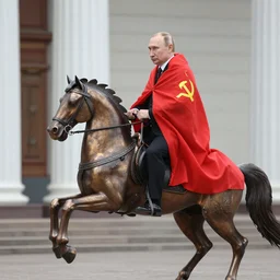 Putin riding on a metal horse, wrapped in a Soviet flag