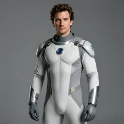 medium shot, studio photographic portrait of henry cavill wearing futuristic tight space uniform, studio lighting, photorealistic, concept art, 8k