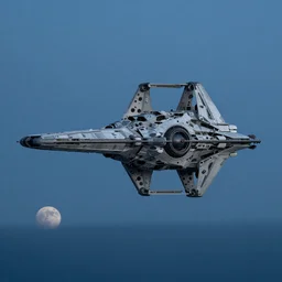 extreme long shot of a star destroyer hovering over the sky, blue hour, deep depth of field, aerial view, the moon on the horizon, award winning photography, 8 k