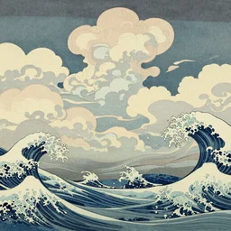 clouds and waves, An aesthetically pleasing, dynamic, energetic, lively, complex, intricate, detailed, well-designed digital art of a beach, ripples, waves, sea foam, light and shadow, overlaid with aizome patterns, Shin-hanga by Bob Ross, traditional Japanese colors, superior quality, masterpiece