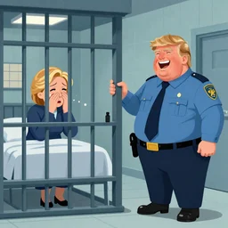 Hillary Clinton behind bars, in a prison cell, crying. Donald Trump is the prison guard and he is very fat and laughing. illustration concept art in the style of Arthur Adams