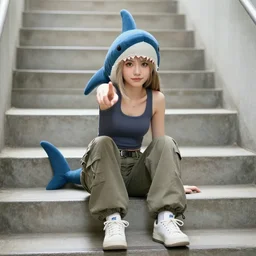 female shark fursona sitting on concrete stairs, wearing a tank top and cargo pants, looking forward, pointing forward