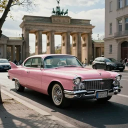 autochrome photo of a shiny pink cadillac on the streets of berlin