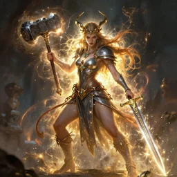 incredibly beautiful and savage barbarian sorceress, casting a powerful spell, large heavy hammer on left, legendary magical sword on right, bright magical aura surrounding body, cinematic, stunning, hyper realistic, ultra detailed, digital painting, masterpiece on artstation, soft focus, mystical lighting, evil colors, full body shot, illustration, art by artgerm and greg rutkowski and alphonse mucha