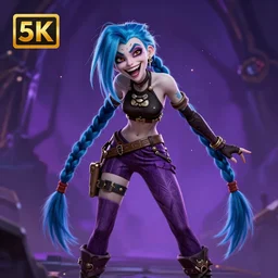 close portrait ella purnell, hair blue two long braids, evil insane smiling laugh, particles explosion, high boots, short bridges with leggins and top, purple cloth, elegant intricate matte sharp focus 8 k, fantasy digital art, league of legends, a stylized portrait of jinx, arcane cartoon series by ilya kuvshinov