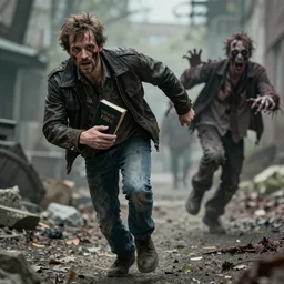 man holding a Bible while running. Zombie chase him in the background. Highly detailed, trending on cgsociety