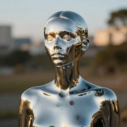 a cropped photo of a chrome woman by hajime sorayama, 4 k, golden hour, ƒ / 8, focal length : 5 0 mm, hyper detailed