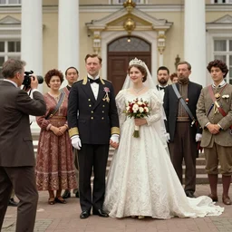 a wide full shot, colored russian and japanese mix historical fantasy of a photograph taken of the royal wedding expression of intent, photographic portrait, warm lighting, 1 9 0 7 photo from the official wedding photographer for the royal wedding. ultra realistic, photorealistic, cinema, hyper realistic, depth of field, film still.