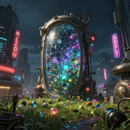 urbex by toyo ito, sunlight cgsociety at night azeroth meadow postcyberpunk neon signs cosmic made of glass gem nature steampunk studio ghibli vice city hyperrealism, archdaily, wallpaper, highly detailed, trending on artstation.