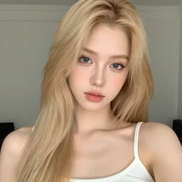 girlfriend European kpop beautiful gorgeous, cute dazzling eyes, shy, blonde hair, wearing camisoles