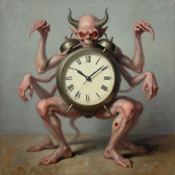 A surreal painting of a clock demon, multiple legs and exposed flesh