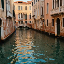 Artistic photo of Venice, warm colors, sunlight reflections in the water