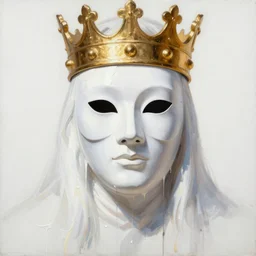 king with a white mask and gold crown, white background high details dripping paint dramatic light, painting by victo ngai, james jean, rossdraws, frank franzzeta, mcbess