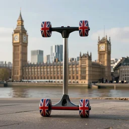 hoverboard with wheels decorated with union jack design in the center of the image, the city of london behind it, 4 k, octane render, album art