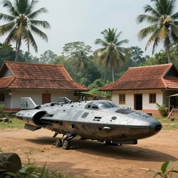 a militarised spaceship parked infront of a house in a kerala village, photorealistic, 4k, matte painting, cinematic by simon stalenhag