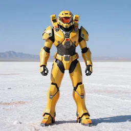 character portrait of samus aran metroid wearing halo spartan mjolnir armor combined with varia suit standing on salt flats, video game, concept art, metroid, halo infinite, good value control, vibrant colors, yellow and orange color scheme, john singer sargent, william - adolphe bouguereau, masami suda