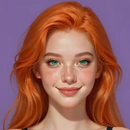 portrait of a beautiful smiling girl with orange hair and freckles, green eyes, intricate, elegant. highly detailed, digital painting, artstation, concept art, smooth, sharp, focus, illustration. background is purple, art by Ilya Kuvshinov