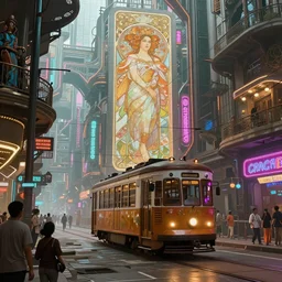 futuristic cyberpunk, streets of calcutta , tram, sci-fi, fantasy, intricate, very very beautiful, elegant, neon light, highly detailed, digital painting, artstation, concept art, smooth, sharp focus, illustration, art by alphonse mucha and tian zi and WLOP