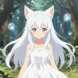 isekai enchanted forest cute bombshell kitsune with white floating hair, white dress. floating will - o - wisps., symmetrical face. symmetrical detailed defined eyes. beautiful lineart. bokeh pixiv # 1 ranking depth of focus, chromatic aberration, noise, soft lighting, srgb, 4 k, by rembrant, kuvshinov, and ross tran