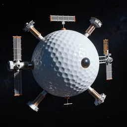 golf ball space station that resembles a golf ball in outer space orbiting, 4K, 8K, ultrarealistic, highly detailed, the best ever
