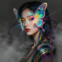 portrait of a beautiful girl with a neon butterfly face, colorful, modern art deco, mads berg, karolis strautniekas, christopher balaskas, stippled light, fog, moody, fine texture, editorial illustration, dramatic lighting, dynamic composition, detailed, matte print, dynamic perspective, muted color