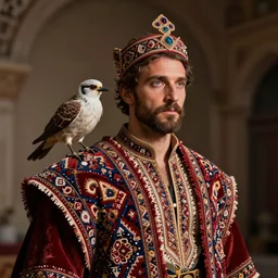 portrait of a magic 3d Persian Carpetman, bird on his shoulder, surreal, depth of field, by Jonas Jensen