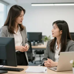 two women talking in an office